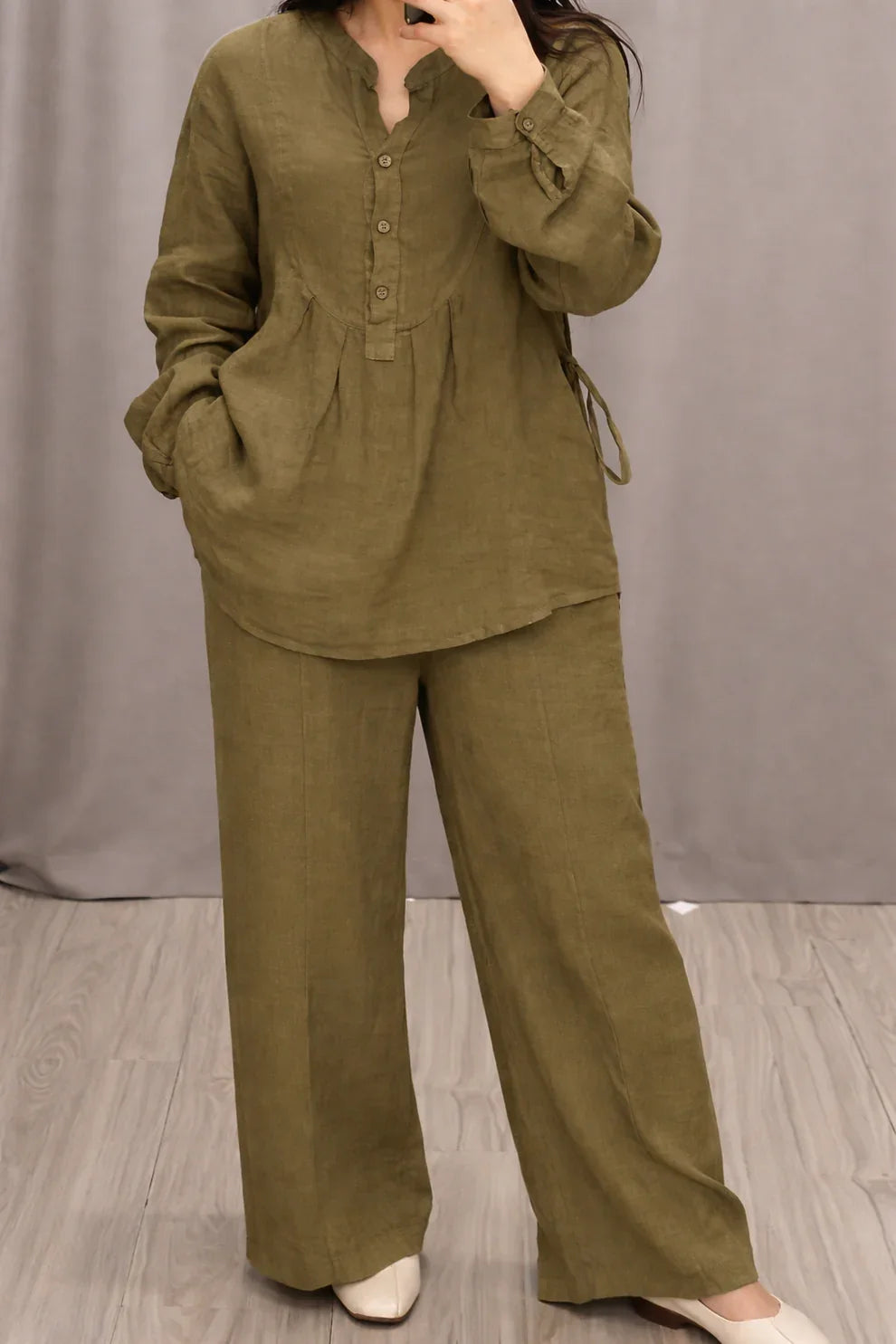 Relaxed Fit Mandarin Collar Shirt with Wide Leg Pants