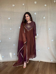 Women's Coffee Brown Embroidered Anarkali Kurta Set with Dupatta