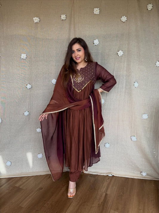 Women's Coffee Brown Embroidered Anarkali Kurta Set with Dupatta