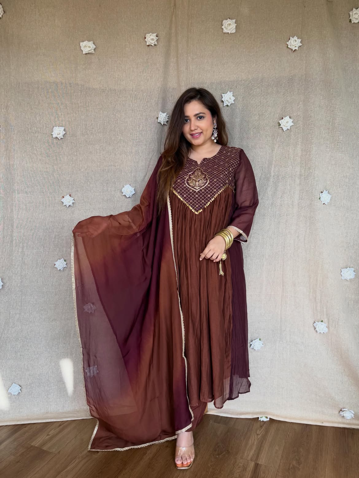 Women's Coffee Brown Embroidered Anarkali Kurta Set with Dupatta