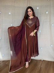 Women's Coffee Brown Embroidered Anarkali Kurta Set with Dupatta