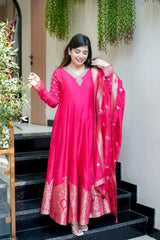Pink Banarasi Anarkali Suit Set With Zari Border Dupatta