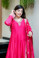 Pink Banarasi Anarkali Suit Set With Zari Border Dupatta