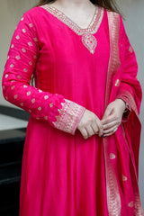 Pink Banarasi Anarkali Suit Set With Zari Border Dupatta