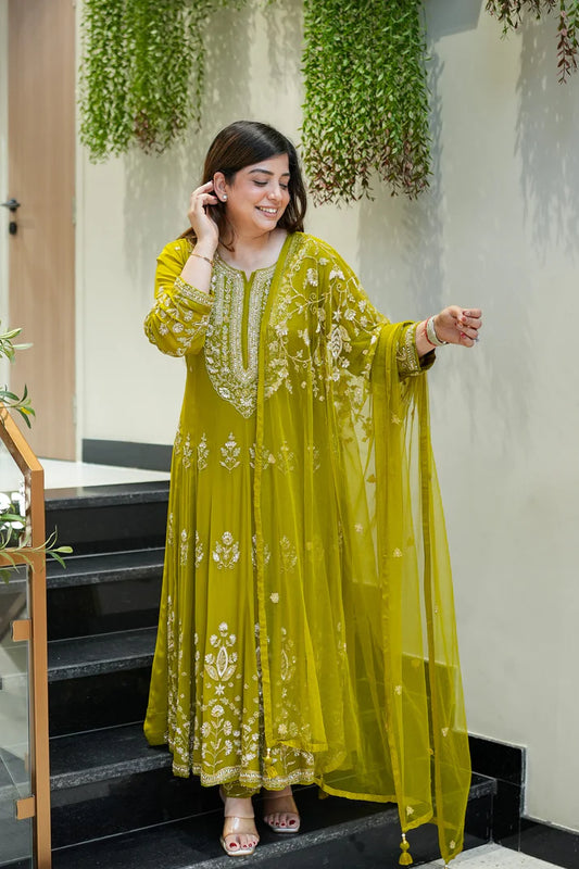 Green Embroidered Anarkali Suit Set with Dupatta