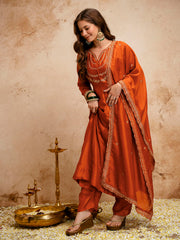 Orange Regal Embroidered Kurta Set with Dupatta
