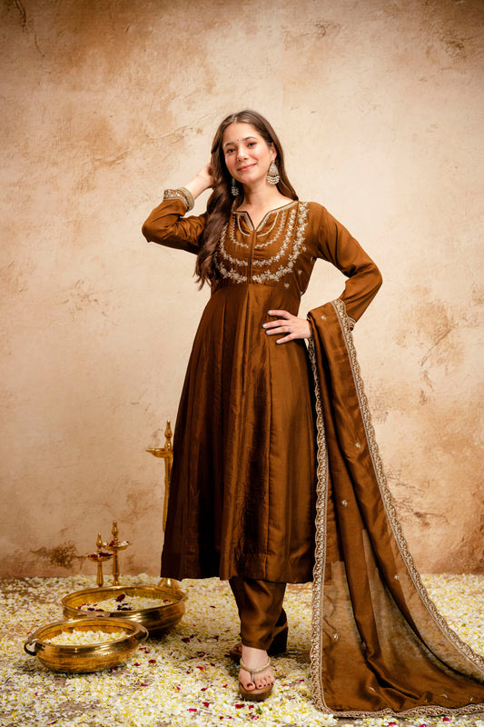 Brown Regal Embroidered Kurta Set with Dupatta