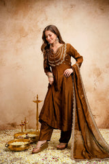 Brown Regal Embroidered Kurta Set with Dupatta