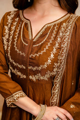 Brown Regal Embroidered Kurta Set with Dupatta
