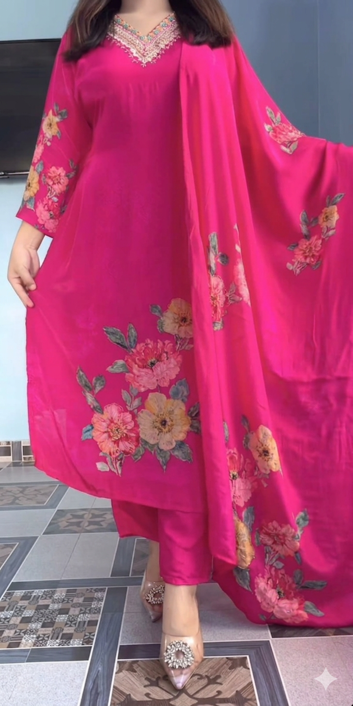 Elegant Pink Floral Printed Anarkali Suit Set with Dupatta