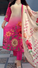 Elegant Pink Floral Printed Kurta Pant Dupatta Set for Women