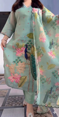 Mint Green Peacock Floral Printed Kurta Pant Dupatta Set for Women