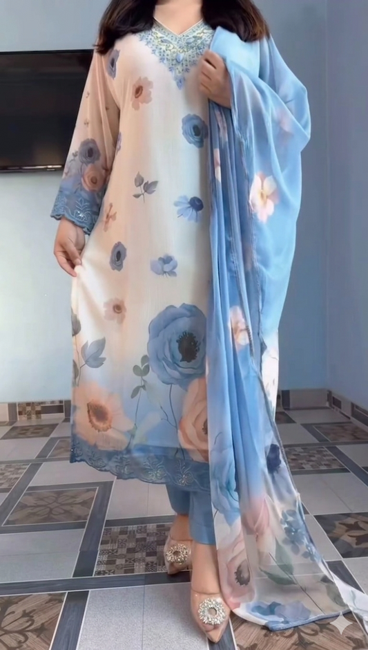 Elegant Floral Print Chiffon Salwar Kameez Set