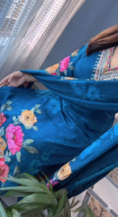 Elegant Deep Blue Floral Printed Anarkali Suit Set with Dupatta