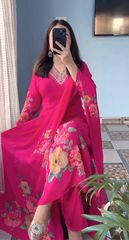 Elegant Pink Floral Printed Anarkali Suit Set with Dupatta