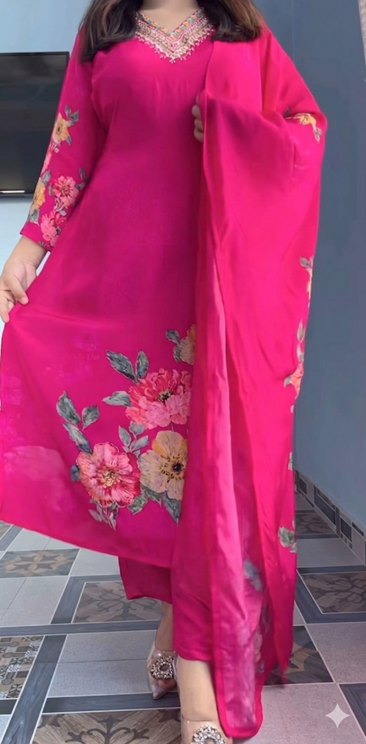 Elegant Pink Floral Printed Anarkali Suit Set with Dupatta