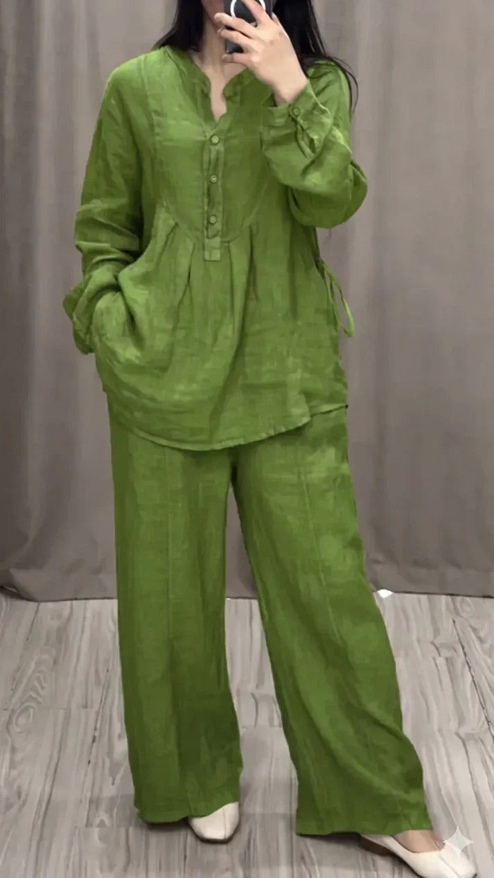 Relaxed Fit Mandarin Collar Shirt with Wide Leg Pants