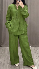 Relaxed Fit Mandarin Collar Shirt with Wide Leg Pants