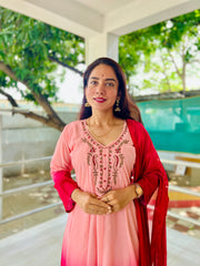 Elegant Peach to Red Embroidered Kurta Set with Dupatta