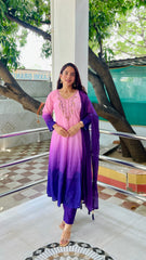 Elegant Pink to Royal Purple Ombre Embroidered Kurta Set with Dupatta