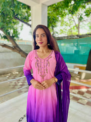 Elegant Pink to Royal Purple Ombre Embroidered Kurta Set with Dupatta