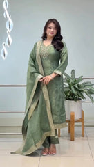 Royal Sage Green Embroidered Ethnic Suit Set with Elegant Dupatta