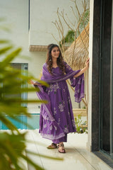 Purple Ethnic Printed Anarkali Kurta Set with Dupatta for Women