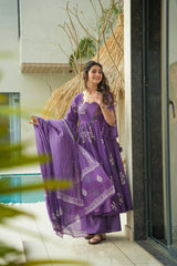 Purple Ethnic Printed Anarkali Kurta Set with Dupatta for Women