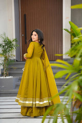 Elegant Mustard Green Flared Anarkali Kurta Set with Matching Dupatta