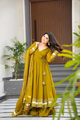 Elegant Mustard Green Flared Anarkali Kurta Set with Matching Dupatta