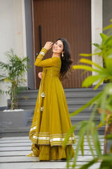 Elegant Mustard Green Flared Anarkali Kurta Set with Matching Dupatta