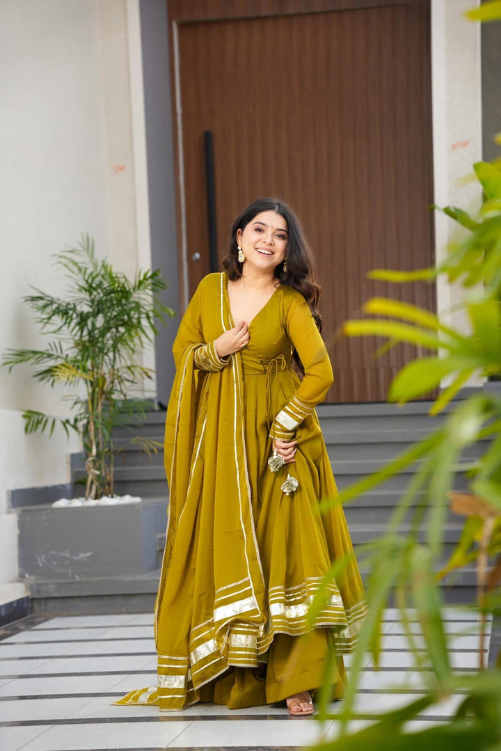Elegant Mustard Green Flared Anarkali Kurta Set with Matching Dupatta