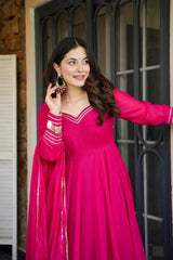 Elegant Pink Flared Anarkali Kurta Set with Matching Dupatta