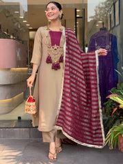 Elegant Beige & Wine Embroidered Kurta Pant Set with Striped Dupatta for Women
