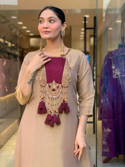 Elegant Beige & Wine Embroidered Kurta Pant Set with Striped Dupatta for Women