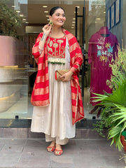 Red & Ivory Embroidered Anarkali Suit Set with Striped Tissue Dupatta
