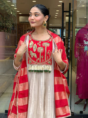 Red & Ivory Embroidered Anarkali Suit Set with Striped Tissue Dupatta