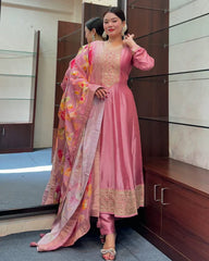 Peach Floral Printed Anarkali Kurta Set with Dupatta for Women