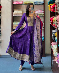 Purple Floral Printed Anarkali Kurta Set with Dupatta for Women