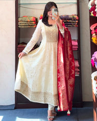 White Floral Printed Anarkali Kurta Set with Dupatta for Women