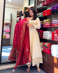White Floral Printed Anarkali Kurta Set with Dupatta for Women