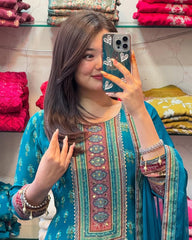 Teal Blue Floral Printed Anarkali Kurta Set with Dupatta for Women