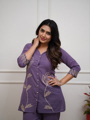 Women’s Lavender Embroidered Cotton Blend Kurti Pant Co-Ord Set
