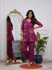 Women’s Purple Embroidered Cotton Blend Kurti Pant Co-Ord Set
