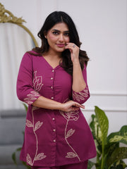 Women’s Purple Embroidered Cotton Blend Kurti Pant Co-Ord Set