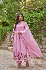 Pink Floral Embroidered Anarkali Kurta Set with Dupatta