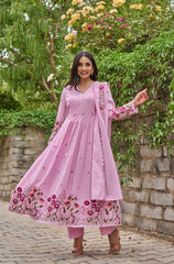 Pink Floral Embroidered Anarkali Kurta Set with Dupatta