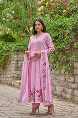 Pink Floral Embroidered Anarkali Kurta Set with Dupatta