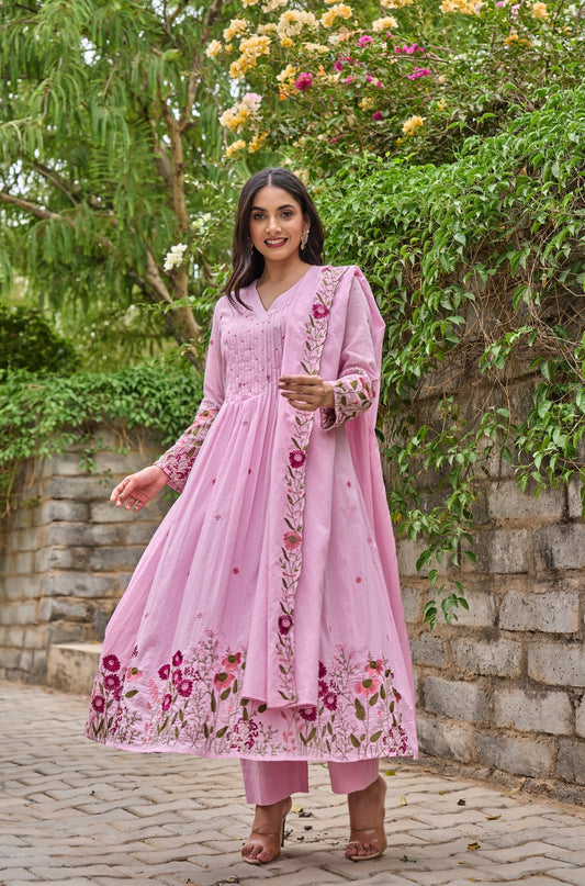 Pink Floral Embroidered Anarkali Kurta Set with Dupatta