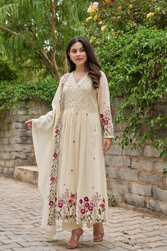Cream Floral Embroidered Anarkali Kurta Set with Dupatta